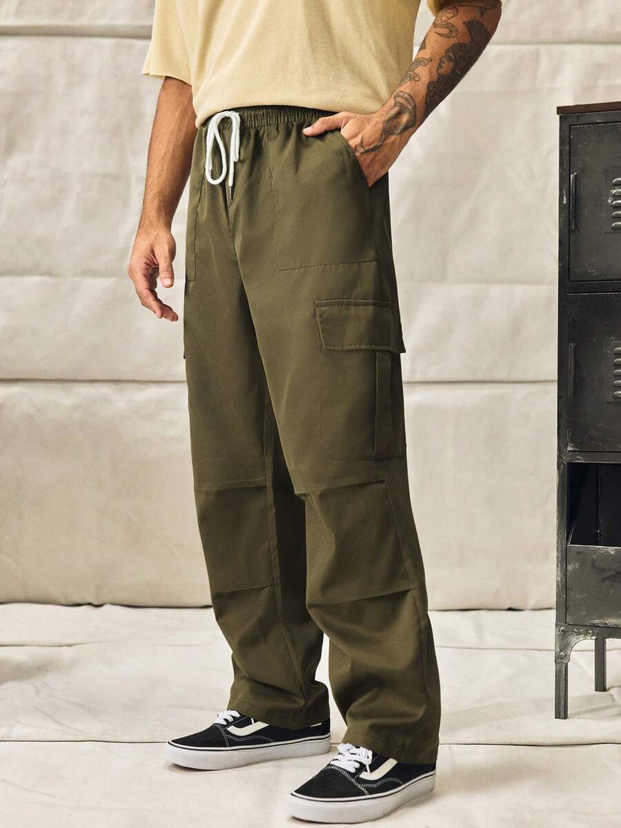 Norleigh Men's Solid Color Drawstring Waist Cargo Pocket Pleated Pants Men Army Green Plain Fabric Straight Leg Long Casual Amekaji Style With Pockets - Army Green - View 1