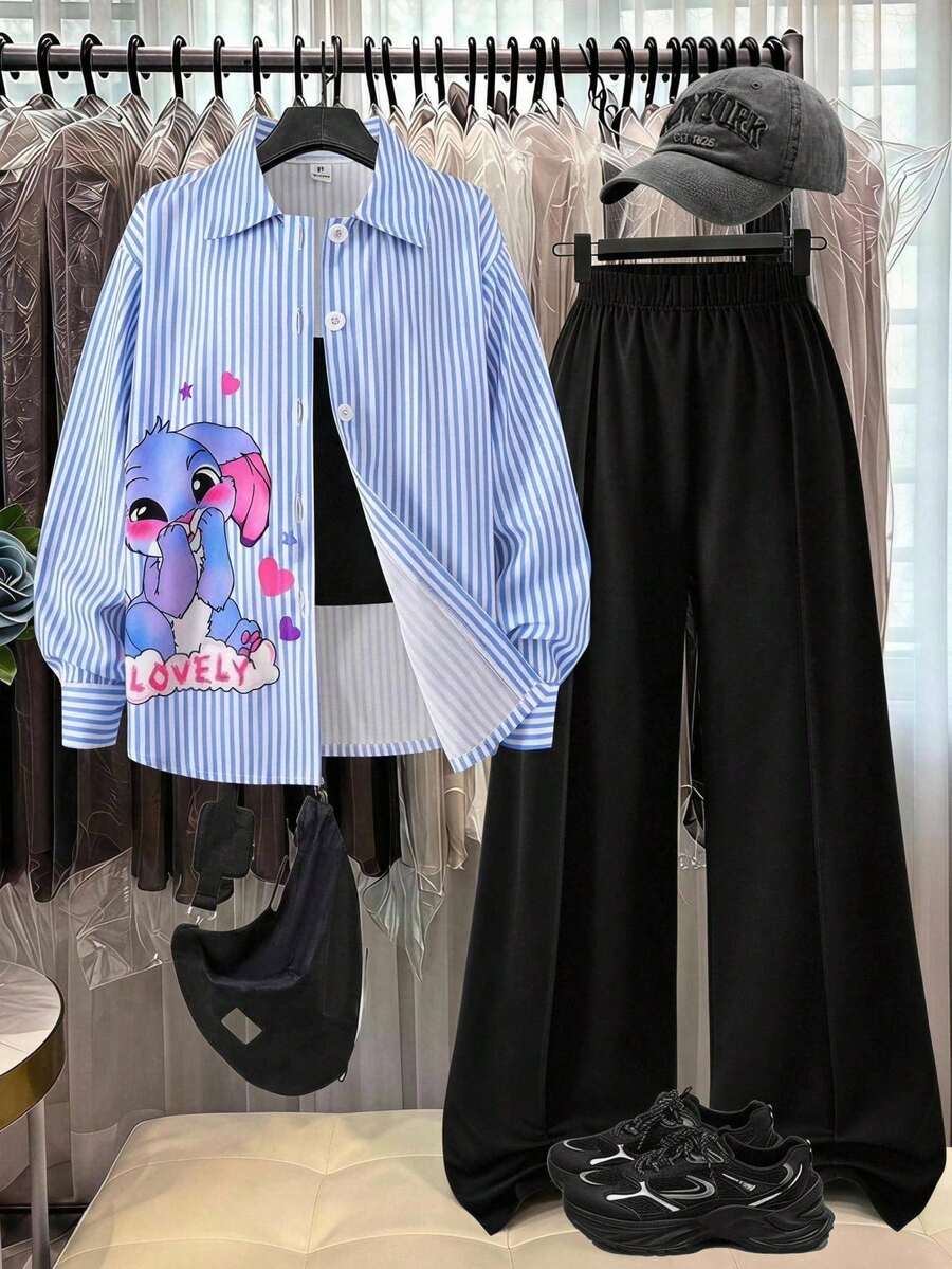 SHEIN Genkimix Kids 青少年女孩三件套 黃色長袖條紋數位印花襯衫、黑色長褲,秋季休閒可愛校園風 - 藍色 - 查看 1