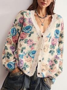 Bohemela 女款花卉印花落肩長袖單排扣針織開襟衫 - 杏色 - 查看 4