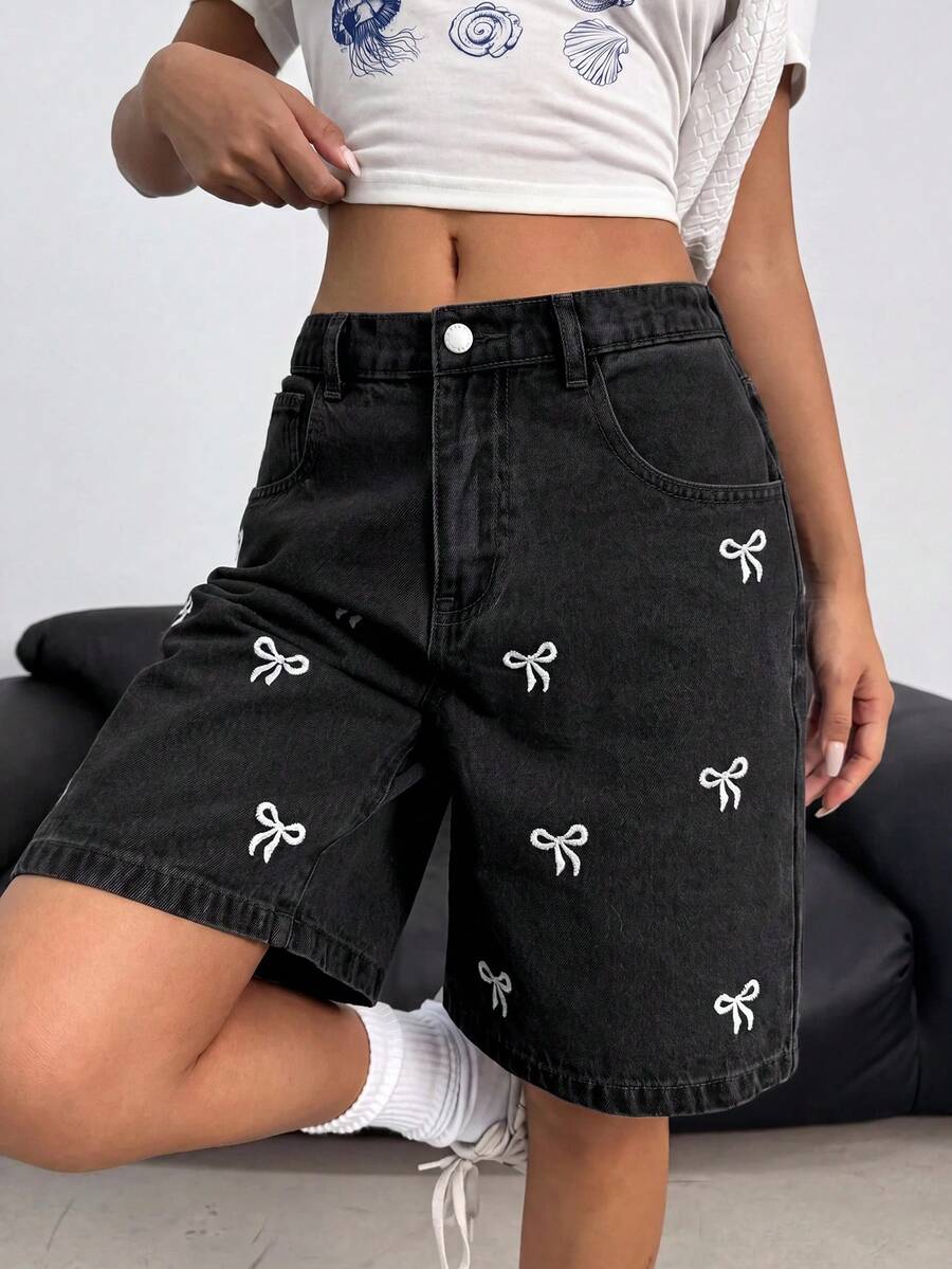 SHEIN Teen Girl Bow Embroidery Pocket Casual Denim Shorts - Black - View 1