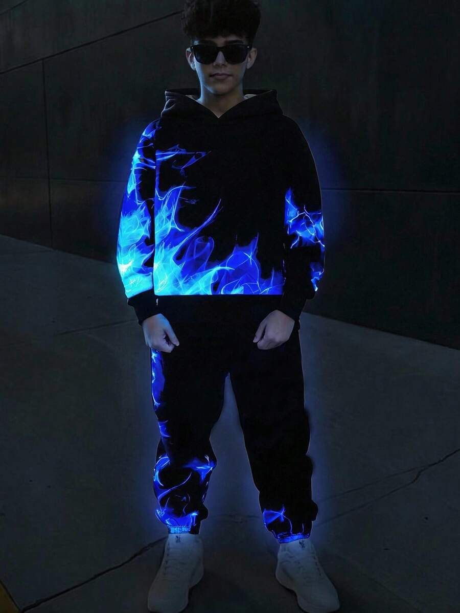 2件組兒童/青少年男孩黑色秋季街頭風連帽衛衣與慢跑褲套裝,返校社團穿搭 - 彩色 - 查看 1