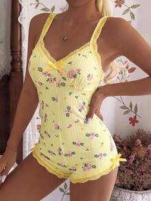 CottageSlumber Romantic Ditsy Floral Women's One-Piece Pajamas Pink Lace Cute Print Loungewear - Yellow - View 2
