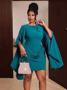 Maweii Gaun Pesta Kasual Lipit Warna Polos untuk Wanita Ukuran Plus - Teal Blue - View 6