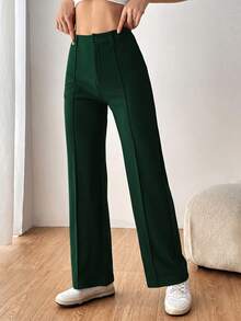 SHEIN EZwear 女款素色直筒西裝長褲 秋冬款 - 墨綠色 - 查看 1