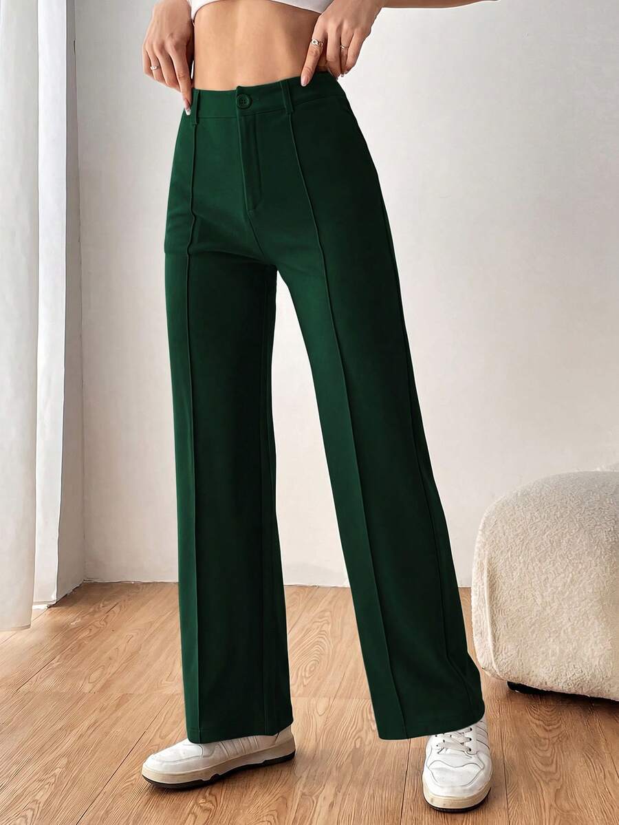 SHEIN EZwear 女款素色直筒西裝長褲 秋冬款 - 墨綠色 - 查看 1
