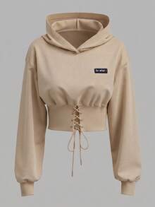 SHEIN EZwear 白色針織女款運動衫，秋冬長袖上衣，卡其色女款運動衫 - 卡其色 - 查看 1