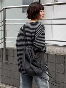 Dazy Tall Women's Round Neck Long Sleeve Loose Striped Street Casual T-Shirt Cute Tops - Grey - View 13