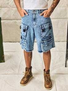 Norleigh Men's Distressed Light Blue Denim Cargo Shorts, Streetwear Loose Fit Jorts Tropical Street Hang Out Work - Light Wash - View 7