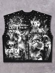 ROMWE MEN Grunge Punk Men's Loose Fit Tank Top With Rivet Decor And Print - Black - View 2