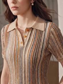 Anewsta Essential 女款彩色條紋 Polo 領短袖上衣，可愛休閒設計，適合夏季 - 卡其色 - 查看 2