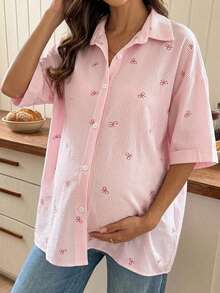 Lyckli Maternity Fashion Striped Bow Pattern Print Single-Breasted Shirt Fall - Pink - View 2