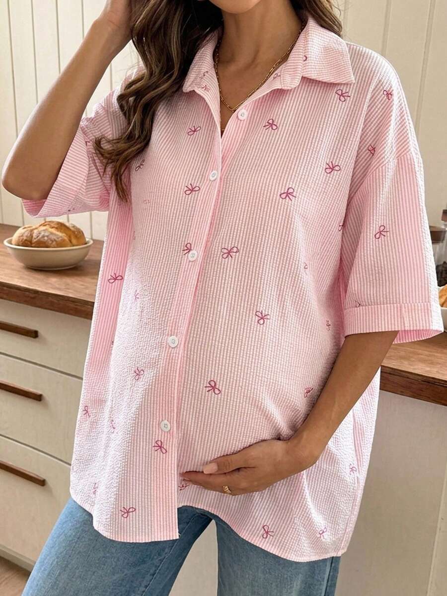 Lyckli Maternity Fashion Striped Bow Pattern Print Single-Breasted Shirt Fall - Pink - View 1