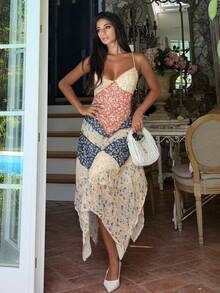 Ronhire Dark Orange Summer Boho Vacation Holiday Women's Spaghetti Strap Floral Patchwork Asymmetric Hem Backless Dress Bohemian Music Festival Elegant Party - Multicolor - View 4