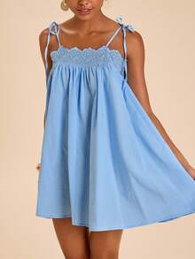 Travachic Lace Trim Patchwork Blue Doll Dress, Dress,Dresses For Women Summer - Blue - View 5