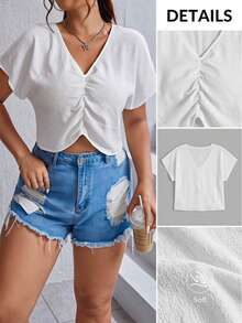 SHEIN EZwear Plus Size Women Casual Short V-Neck Solid Color Short Sleeve Shirt - White - View 7