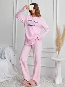 SHEIN Women 2pcs Pink Rib Knit& Fleece Eyelash Embroidery Long Sleeve Shirt & Long Pants Pajama Set - Baby Pink - View 4