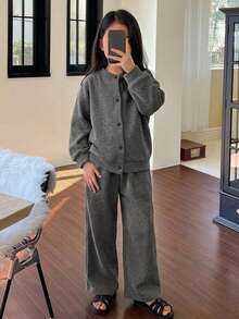 DAZY Setelan Pakaian Santai 2 Potong untuk Anak Perempuan: Atasan Longgar Leher Bulat Lengan Panjang Kasual Musim Gugur + Celana Panjang Lurus - Dark Grey - View 3