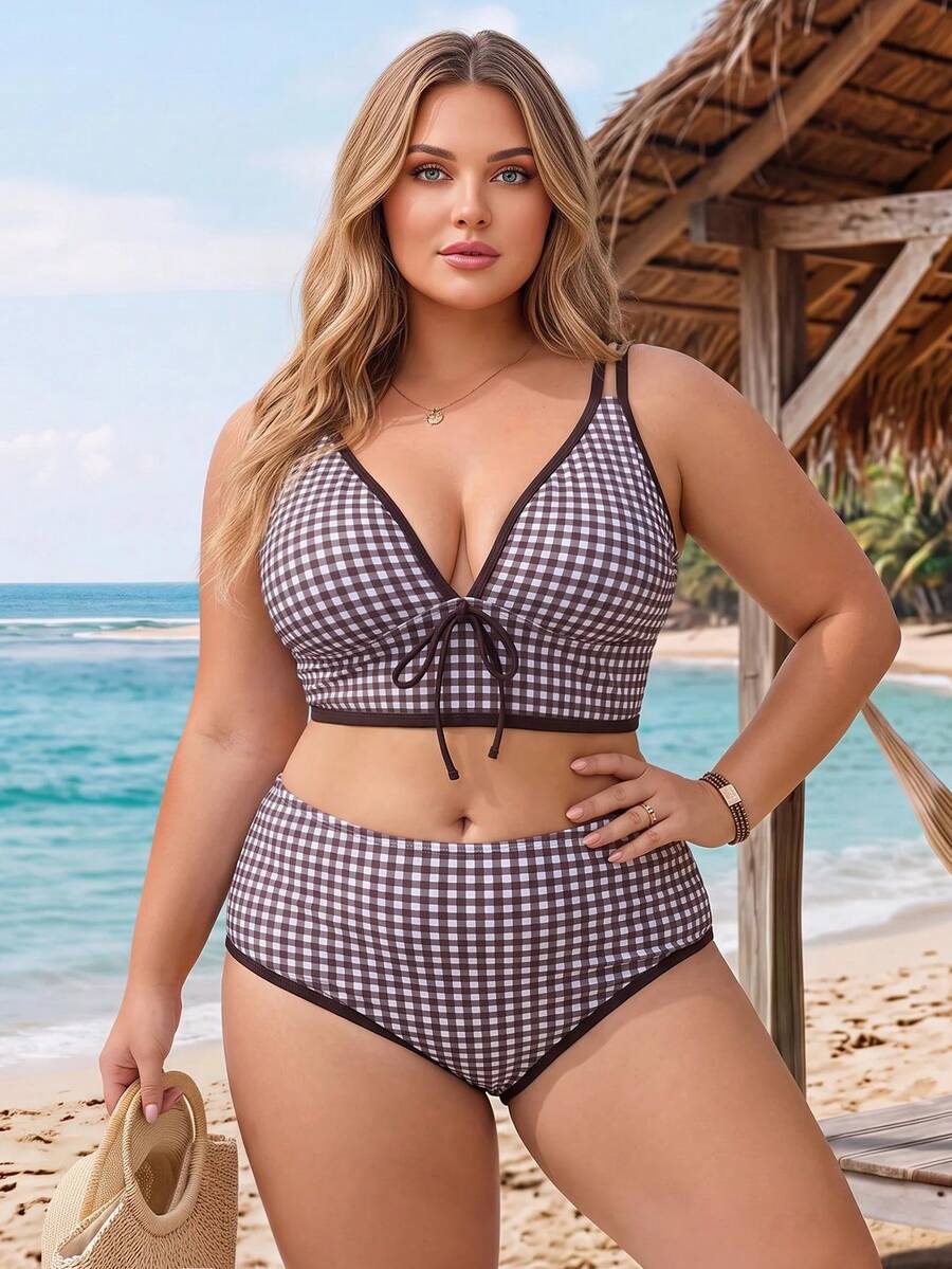 SHEIN CURVE+ 2026新款大尺碼女款兩件式幾何印花比基尼套裝,藍色夏季1920年代海灘度假風 - 棕色 - 查看 1