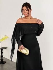 Firerie Plus Size Cold Shoulder Black Mesh Sequin Patchwork Cinched Waist Flared Mermaid Maxi Dress/Party Cocktail Formal Autumn Elegant Fall - Black - View 7