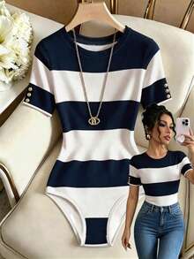 SHEIN Franclia Women's Striped Round Neck Button Decor Short Sleeve Bodysuit - Royal Blue - View 1
