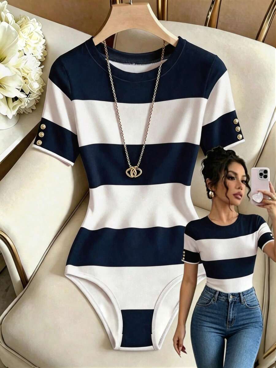 SHEIN Franclia Women's Striped Round Neck Button Decor Short Sleeve Bodysuit - Royal Blue - View 1