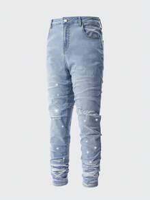 ROMWE MEN Men's Distressed Denim Jeans With Pocket And Rhinestone - Blue - View 1