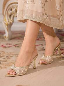 CUCCOO TILAWA Gold Mesh Embroidered Pearl Stiletto Women's Sandals - Light gold - View 5