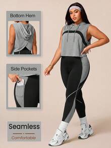 SHEIN Rhythm Era 女款運動瑜伽戶外健身運動套裝，抽繩連帽無袖寬鬆運動衫，胸前弧形對比色設計，緊身運動褲配條紋與色塊對比設計 - 彩色 - 查看 1