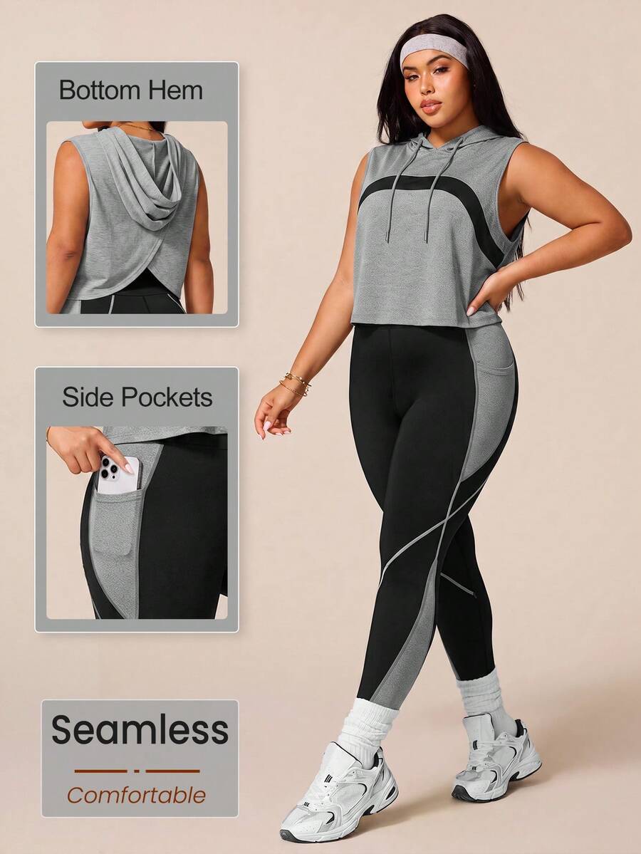 SHEIN Rhythm Era 女款運動瑜伽戶外健身運動套裝,抽繩連帽無袖寬鬆運動衫,胸前弧形對比色設計,緊身運動褲配條紋與色塊對比設計 - 彩色 - 查看 1