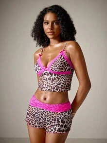 DreamPoppy Leopard Print Sexy & Comfortable Patchwork Fuchsia Lace Women Pajama Set - Multicolor - View 7