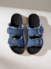 Solecia Summer Double-Button Burrs, Open-Toed Flat-Bottomed Cork Slippers, Casual Sandals, Daily Commuting Beach Vacation Versatile Sandals - Navy Blue - View 6