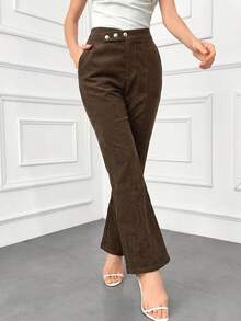 Modelyn Women's Solid Minimalist Basic Button Front Pants In Fall/Winter - Coffee Brown - View 4