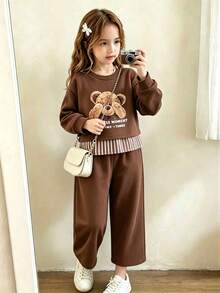 Elladie kids 女童韓系活力寬鬆灰色花卉衛衣 2合1蝴蝶結圖案兩件套 秋季 - 咖啡棕 - 查看 4