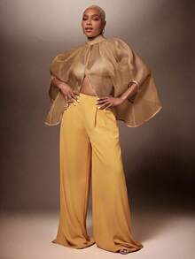 Vixey Elegant Sheer Organza Overlay Layering Neck Tie Top - Brown - View 2