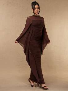 Silquee Gaun Panjang Elegan Wanita Warna Polos dengan Kerah Tegak, Lengan Mengembang, dan Lipatan, Pas Badan. - Coklat - View 8