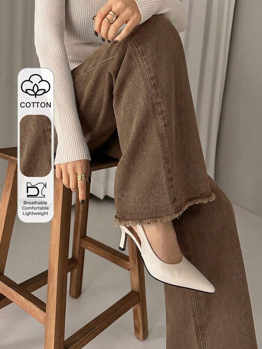 DAZY Quần jeans dài ống rộng màu trơn dành cho nữ, phù hợp với người chân dài. - màu nâu - Xem 1