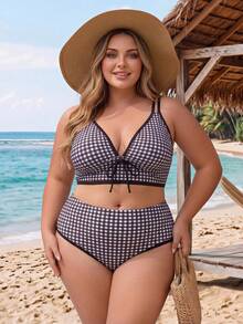 SHEIN CURVE+ 2026新款大尺碼女款兩件式幾何印花比基尼套裝，藍色夏季1920年代海灘度假風 - 棕色 - 查看 4