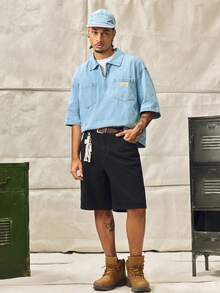 Norleigh Men's Casual Oblique Pocket Solid Black Denim Bermuda Shorts Jorts Cargo Pants - Black - View 4
