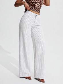 SHEIN PETITE 女款條紋直筒寬鬆休閒百搭牛仔褲 - 白色 - 查看 5
