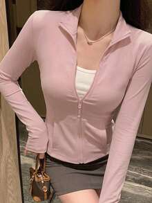 DAZY 女款粉色棉質休閒開襟衫，春季健身夾克，標準版型 - 粉色 - 查看 5