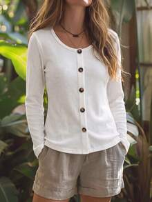 SHEIN LUNE Women's Solid Color Button Design Round Neck Long Sleeve Casual T-Shirt - White - View 3