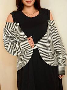 Edennvi Vestido de manga larga con rayas y patchwork, casual, holgado y cómodo, versátil para uso diario, moda de otoño/invierno para mujer de talla grande - Albaricoque - Ver 3