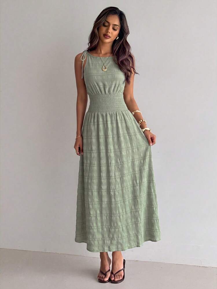 Aloruh Women's Vacation Shirred Tie Strap Dress For Beach Vacation Sage Green Summer Casual - Olive Green - View 6