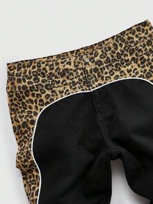 ROMWE MEN Men's Leopard Print Patchwork Layered Flare Jeans - Black - View 5