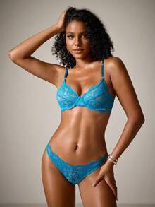 DreamPoppy Floral Lace Underwire Lingerie Set - Teal Blue - View 5