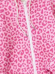 SHEIN EZwear 豹紋粉色可愛豹紋寬鬆舒適拉鍊連帽衛衣，適合秋冬，街頭風、機場風、時尚、Y2K風格 - 彩色 - 查看 3