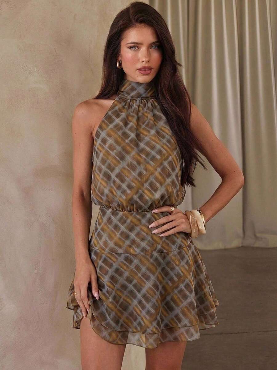 Aloruh 女款初秋休閒性感格紋洋裝 - 卡其色 - 查看 1
