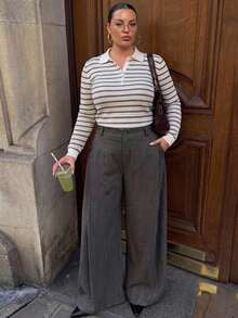 Dazy Plus Plus Size Women's Loose Striped Wide Leg Pants, Business Casual Commuter Style, Spring/Autumn - Grey - View 3