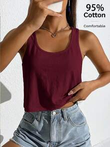 SHEIN EZwear 女款休閒寬鬆深U領短版背心 - 酒紅色 - 查看 1