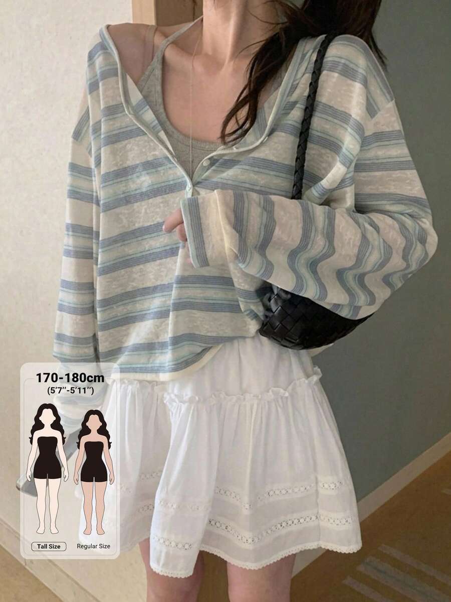 Dazy Tall Women's Blue And White Stripe Loose Long Sleeve Casual French Pullover T-Shirt Tops Oversized City Break Vacation Fall - Green - View 1